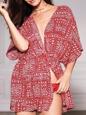 Victorias Secret Kimono Duster Robe Heart Love Beach Swim Cover Up Red One Size